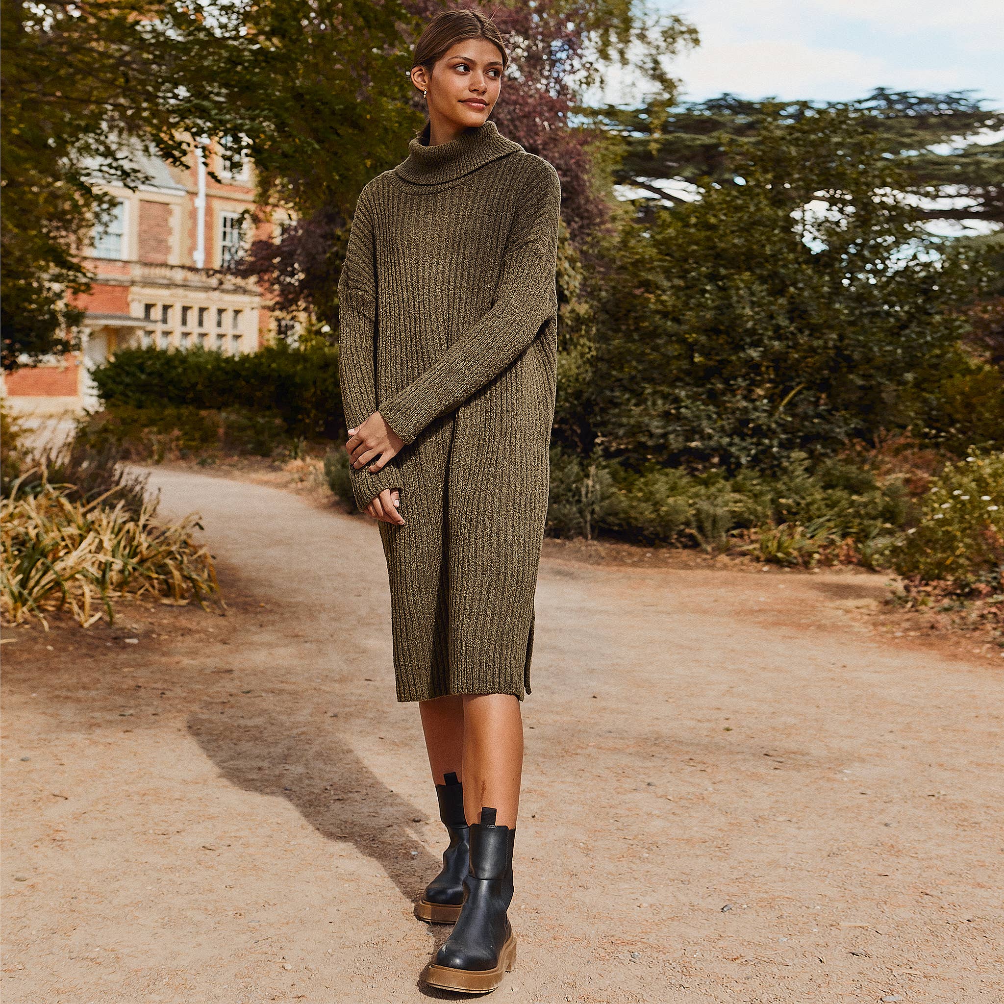 Joey Boucle Roll Neck Midi Dress Khaki Hauslife