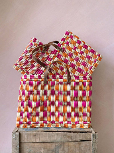 Chequered Reed Basket, Pink + Orange - Hauslife