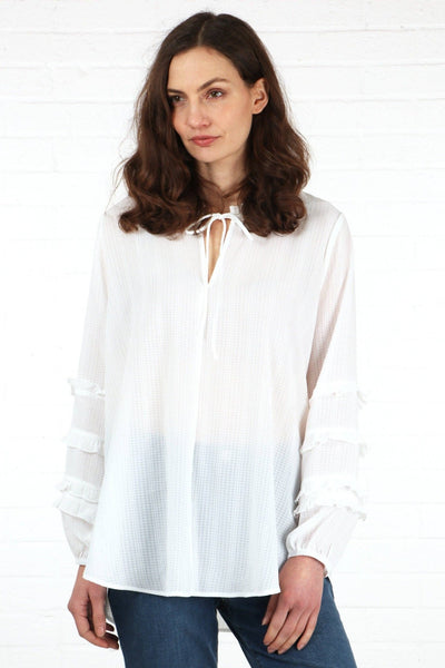 Long Frill Sleeve Grandad Collar Shirt in White - Hauslife