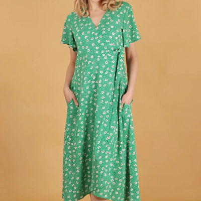 Spotted Daisy Dipped Hem Midi Wrap Dress - Hauslife