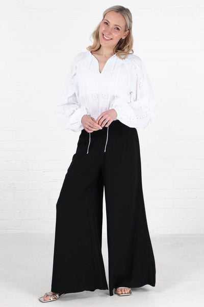 Wide Leg Palazzo Pants With Shirred Waist in Black - Hauslife