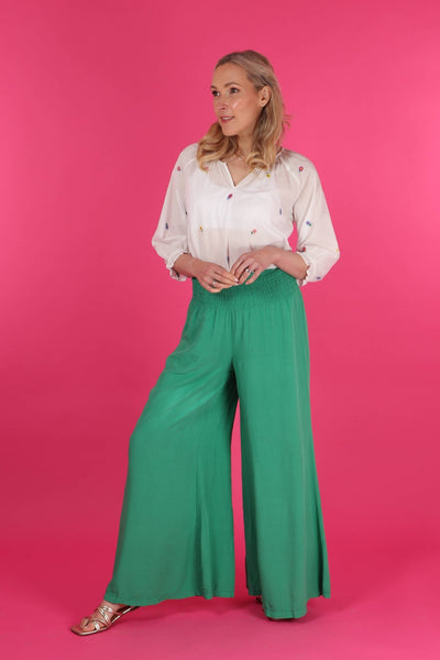 Wide Leg Palazzo Pants With Shirred Waist in Bright Green - Hauslife