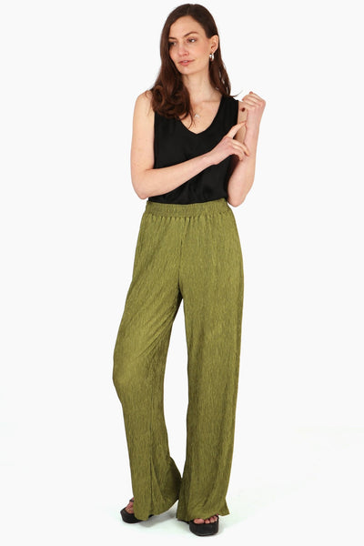 Wide Leg Plisse Trousers Waist in Olive Green - Hauslife